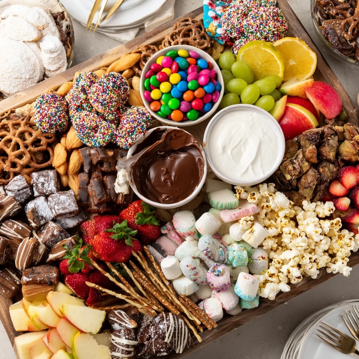 Delightful dessert boards featuring holiday cookies and colorful candies for joyous gatherings.  