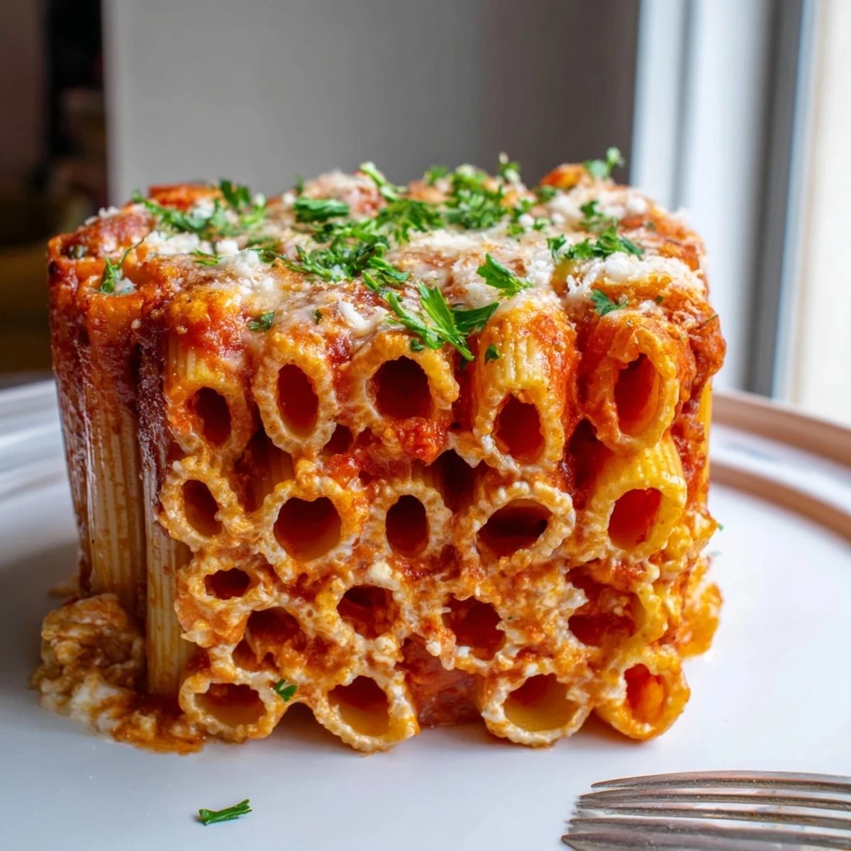 A golden Honeycomb Pasta Cake topped with bubbling cheese and fresh parsley.  