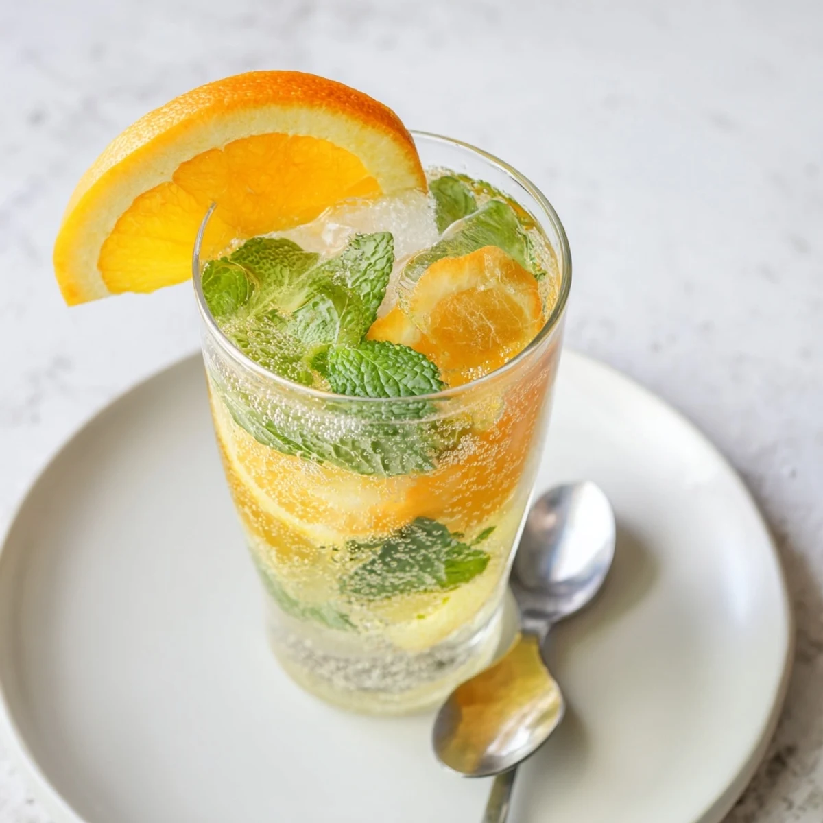 Refreshing Probiotic Soda Mocktail with mint leaves and citrus slices garnished elegantly.  