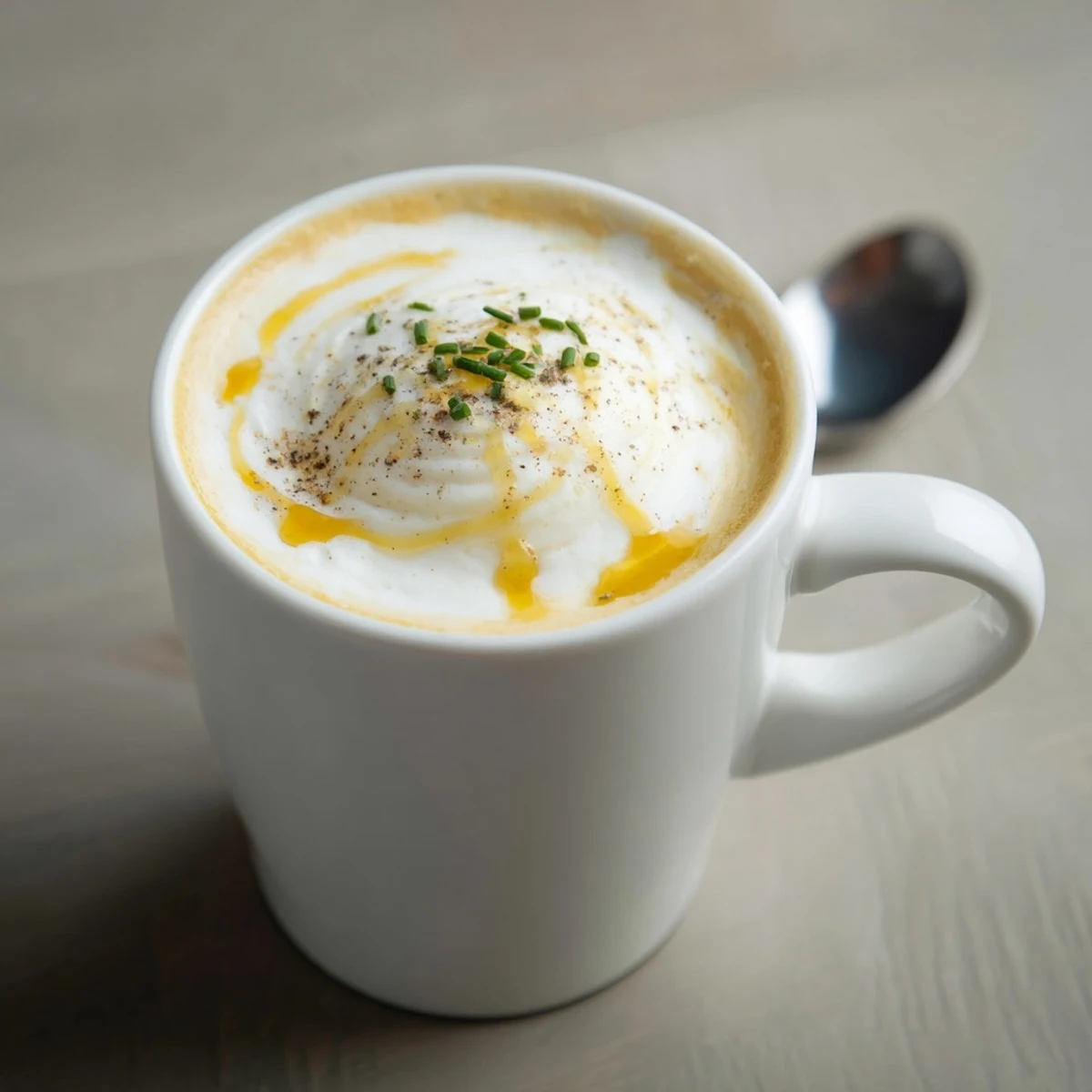 Savory Onion Latte topped with creamy froth and caramelized onion sweetness.  