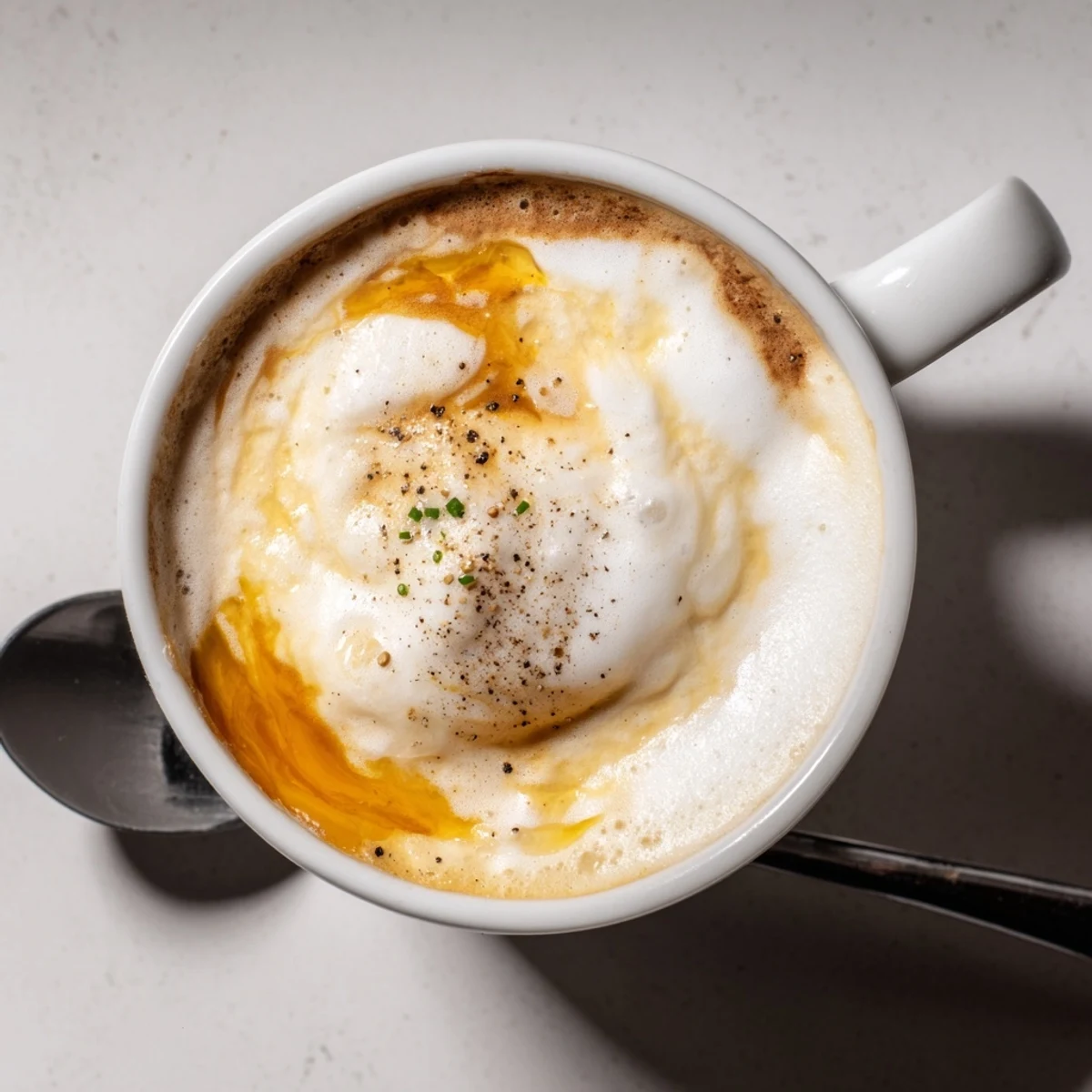 Bold Onion Latte served with a sprinkle of black pepper for an adventurous taste.
