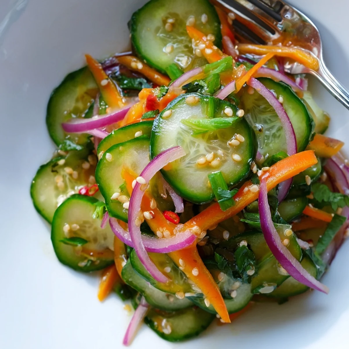 Crisp cucumber salad remix bursting with flavors, perfect as a light appetizer.