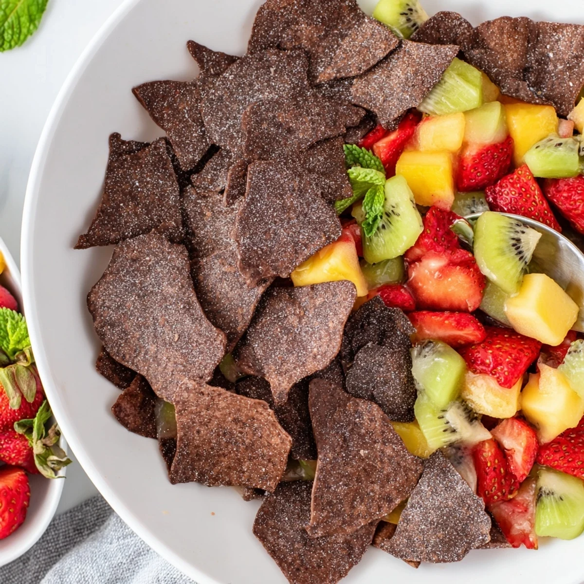 Crispy chocolate tortilla chips with fresh fruit salsa for a sweet dessert experience.  