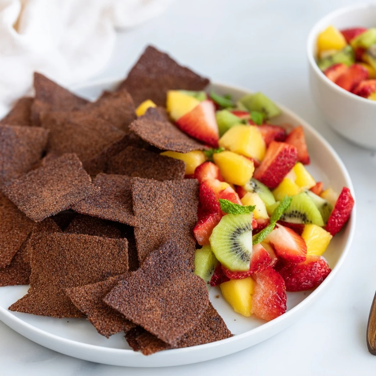 Delicious dessert chips & salsa paired with vibrant fruit salsa, perfect for sharing.  