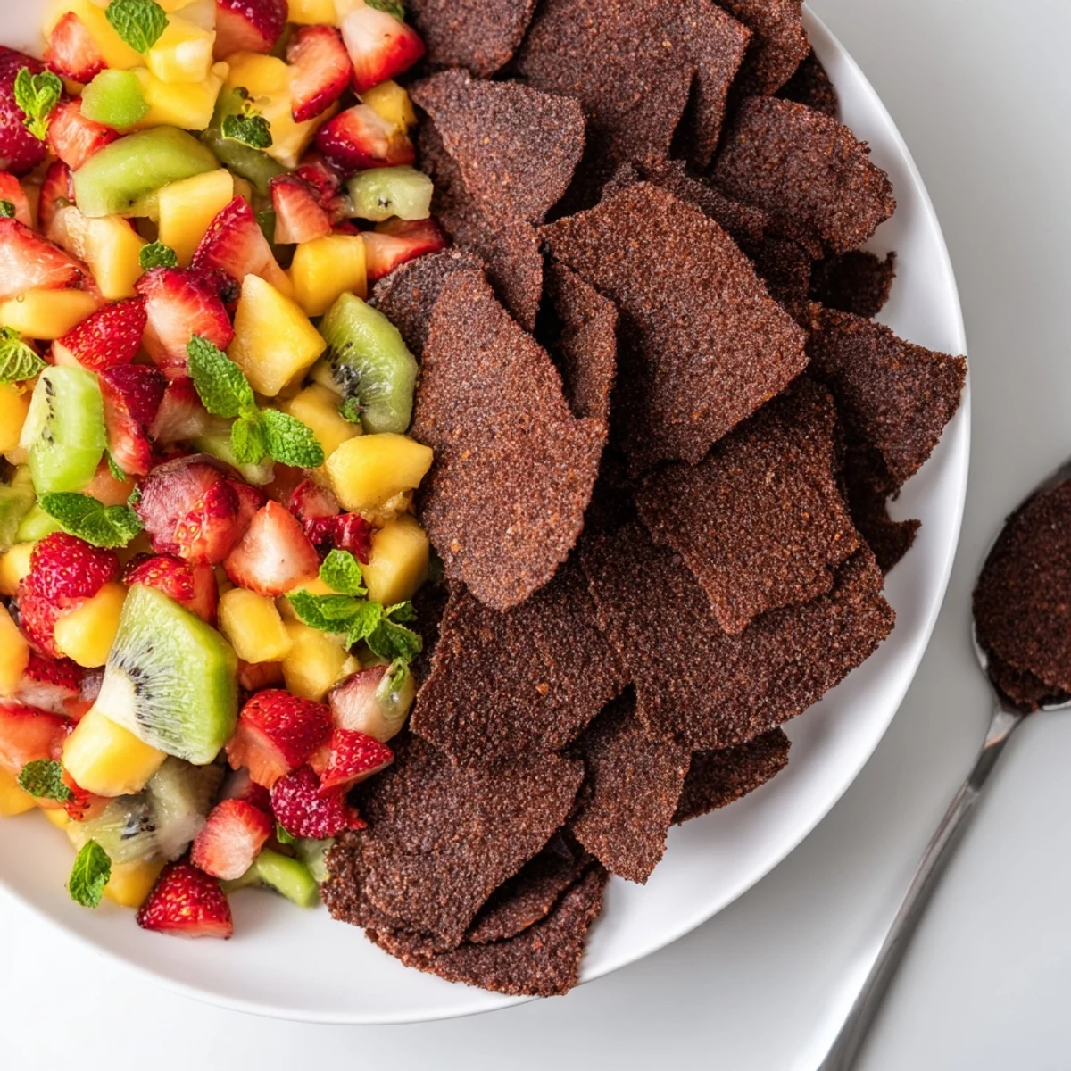 Sweet homemade chocolate chips served with colorful fruit salsa, ideal for festive occasions.