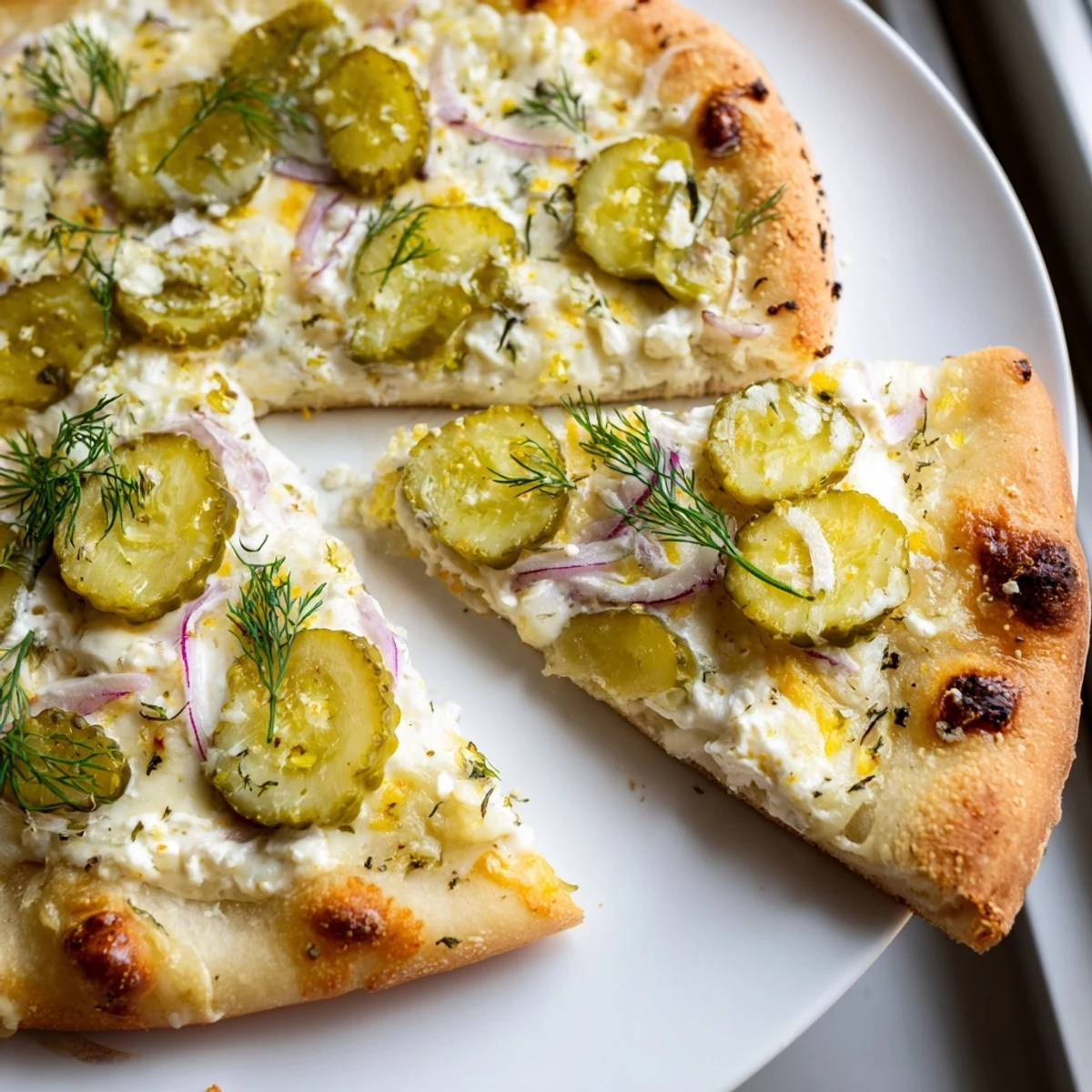 Creamy pickle pizza with tangy dill and gooey mozzarella cheese, baked to perfection.  