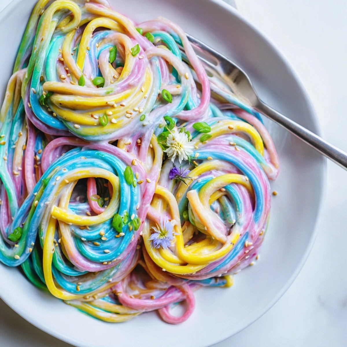 Colorful Neon Noodle Cloud dish with creamy sauce, perfect for lively celebrations.  