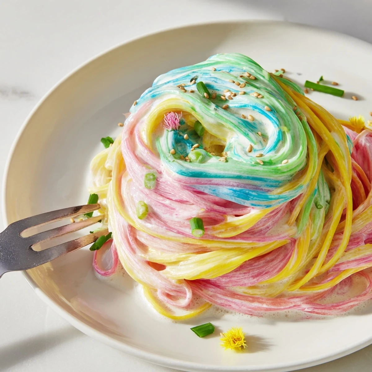 Vibrant Neon Noodle Cloud adorned with scallions and edible flowers for a festive touch.