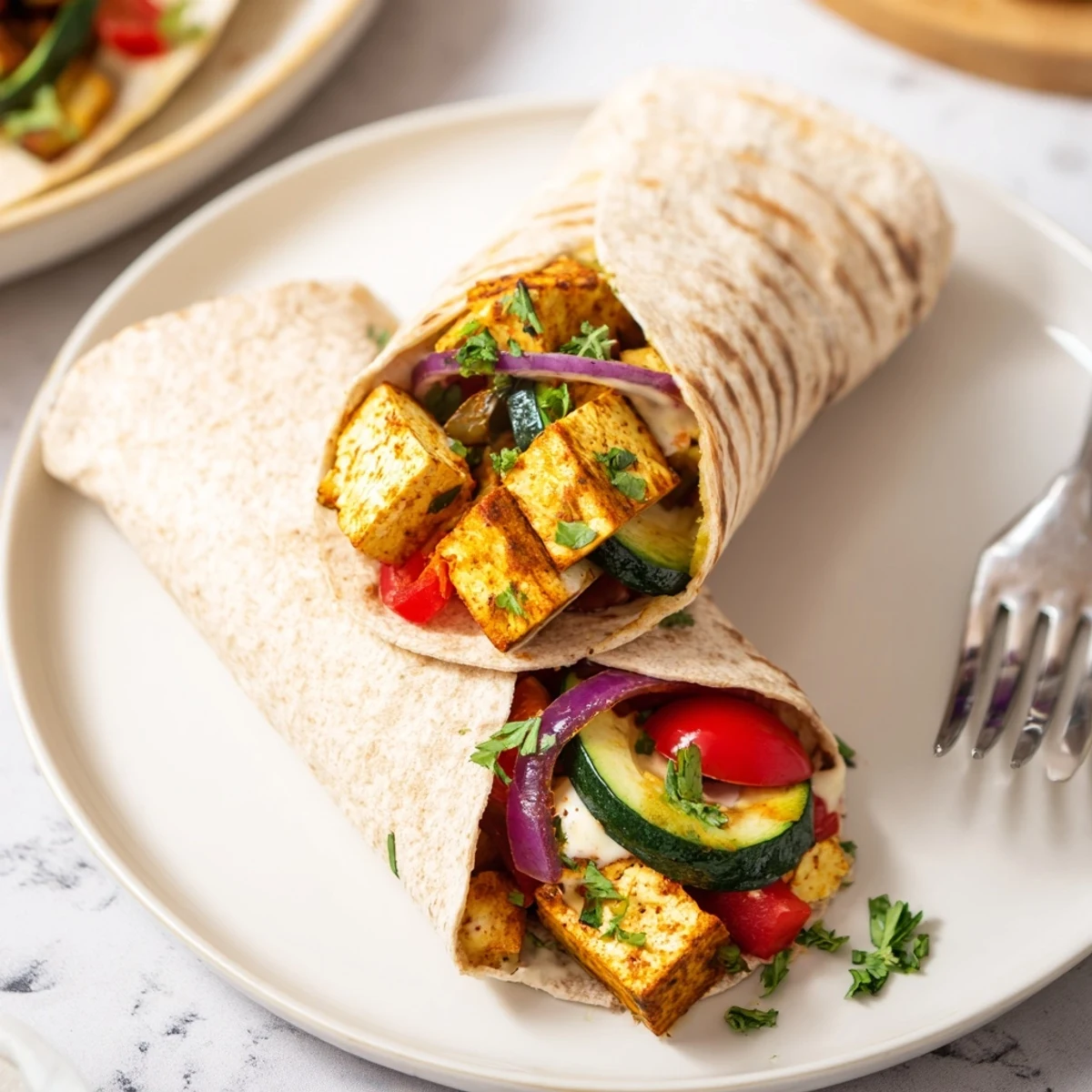 Savory Vegan Viral Recipe Re-make wrapped in whole wheat pita, drizzled with creamy tahini sauce.