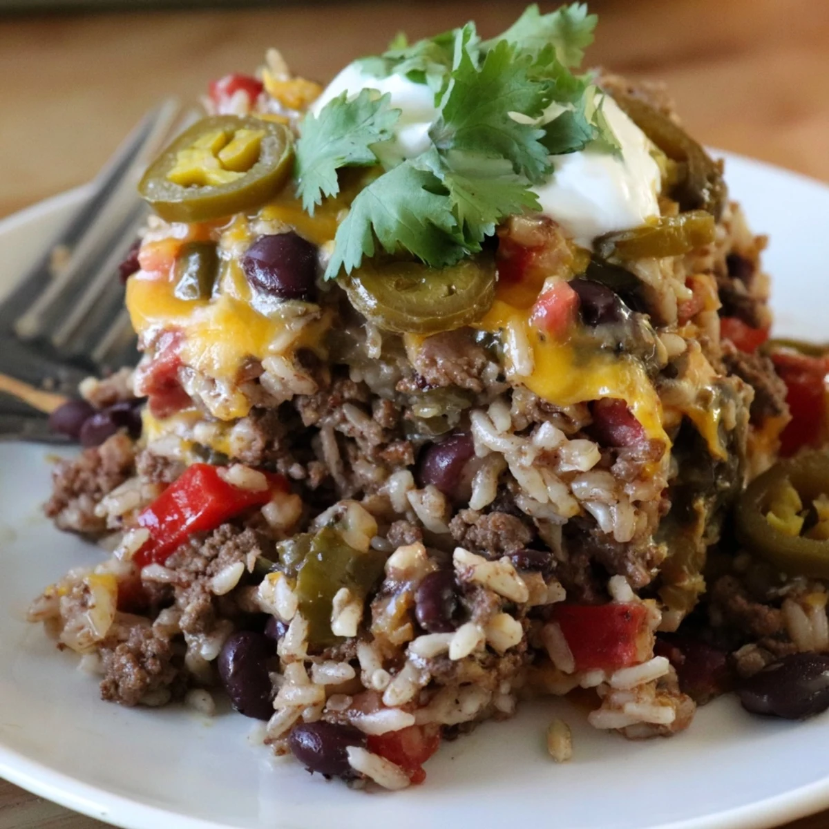 Comforting Tex-Mex Beef & Rice Casserole featuring seasoned beef, melty cheese, and fresh cilantro.