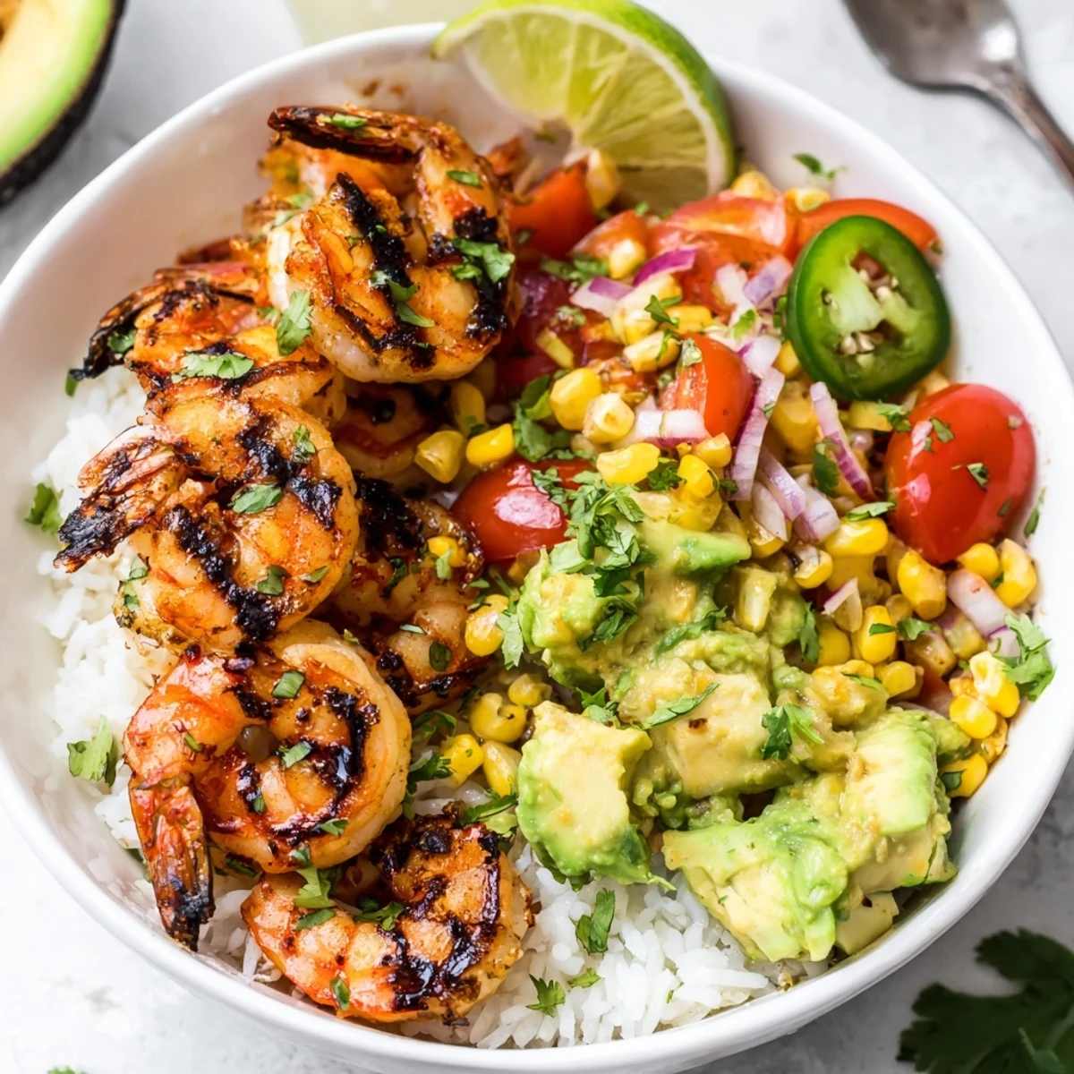 Juicy grilled shrimp bowl topped with creamy avocado corn salsa and lime wedges.  