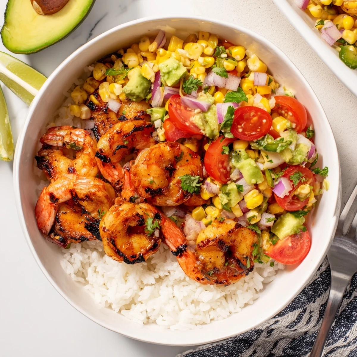 Fresh avocado corn salsa enhances the vibrant grilled shrimp bowl served over rice.  