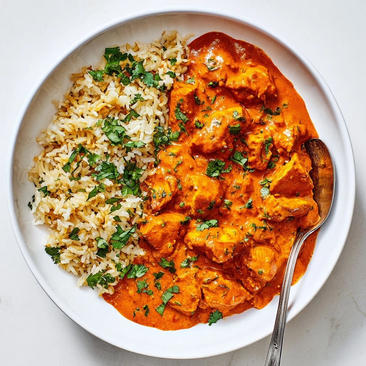 Aromatic rice pilaf beside rich, flavorful butter chicken, perfect for comforting dinners.  