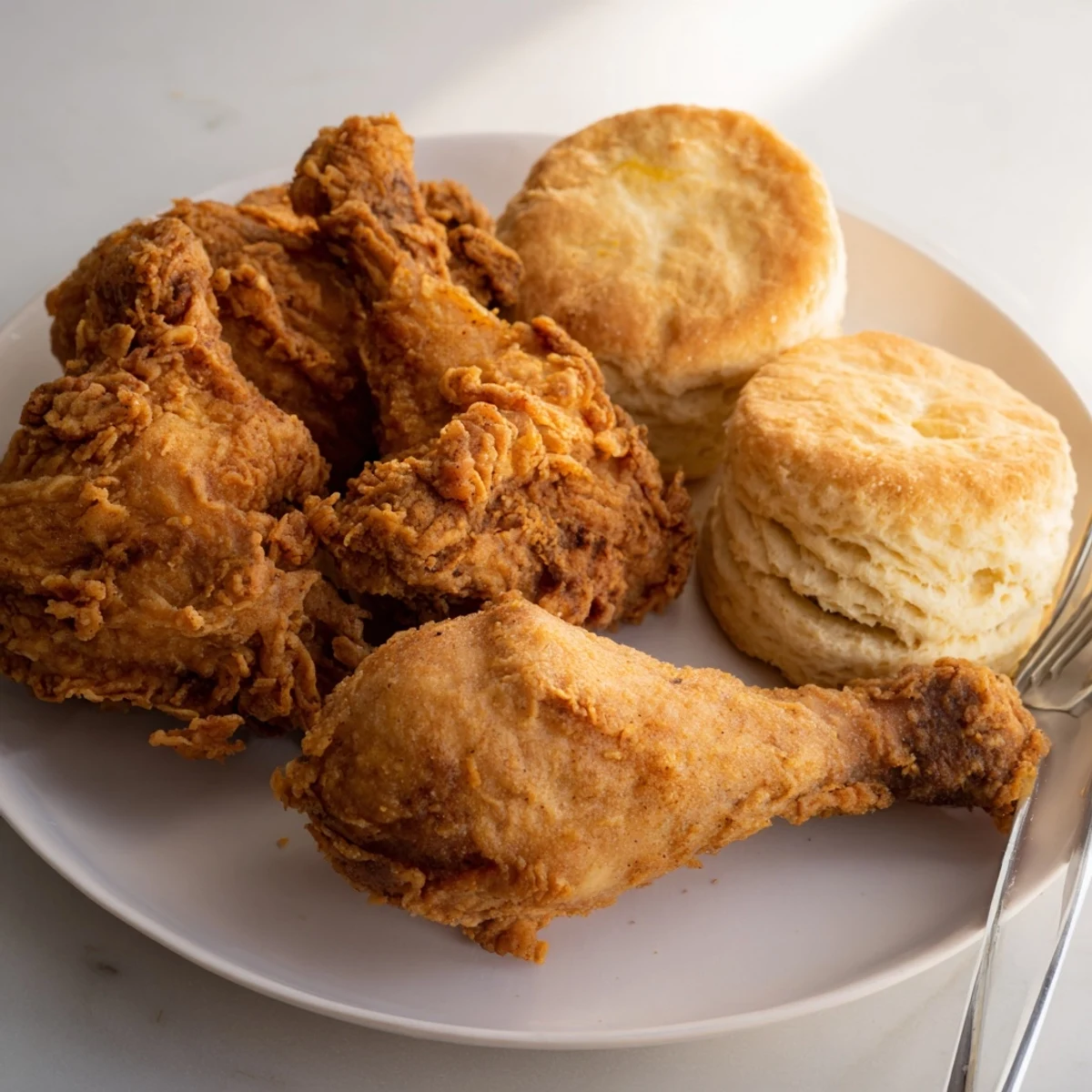 Crispy Southern fried chicken served alongside fluffy buttermilk biscuits for comfort.  