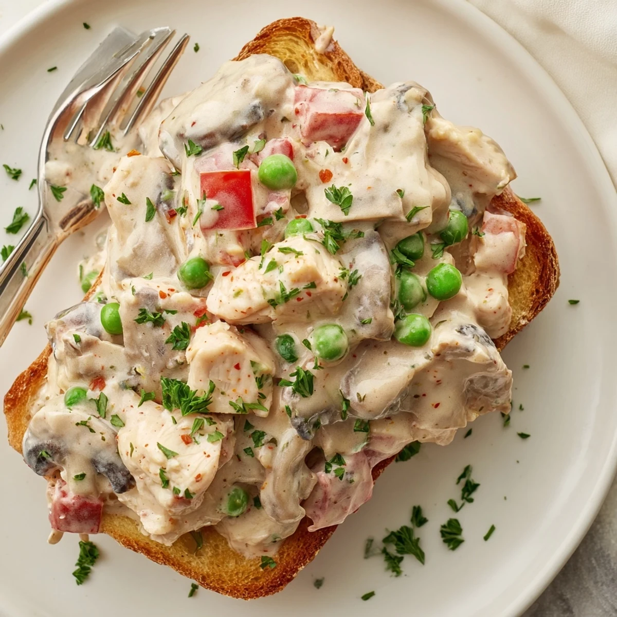 Creamy Chicken à la King served over golden buttered toast, a comforting weeknight dish.