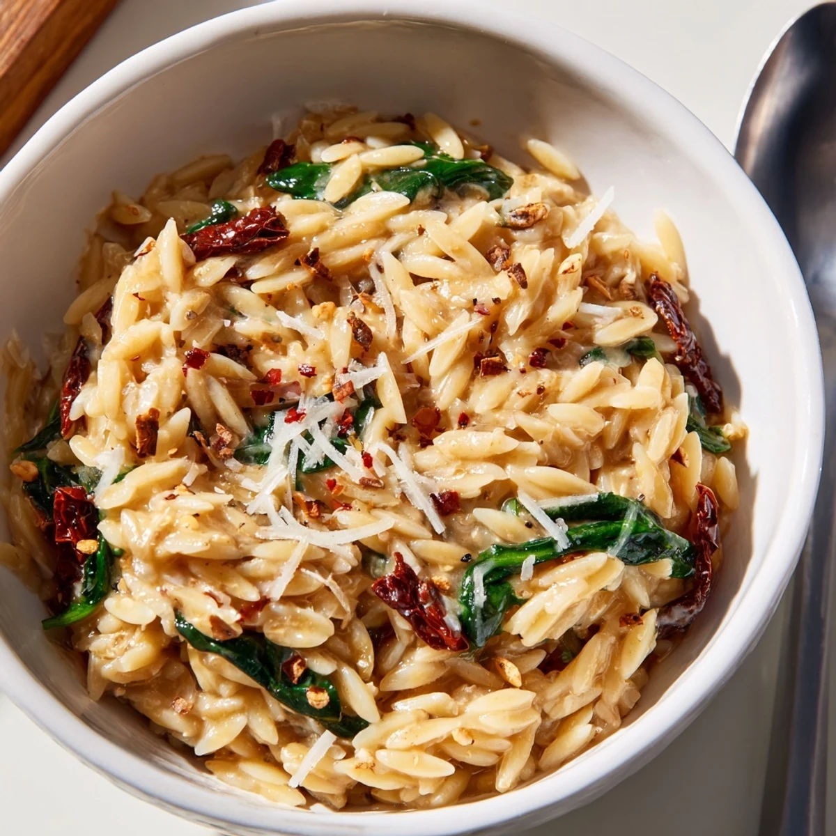 A comforting creamy Tuscan orzo bowl garnished with fresh spinach and sun-dried tomatoes.  