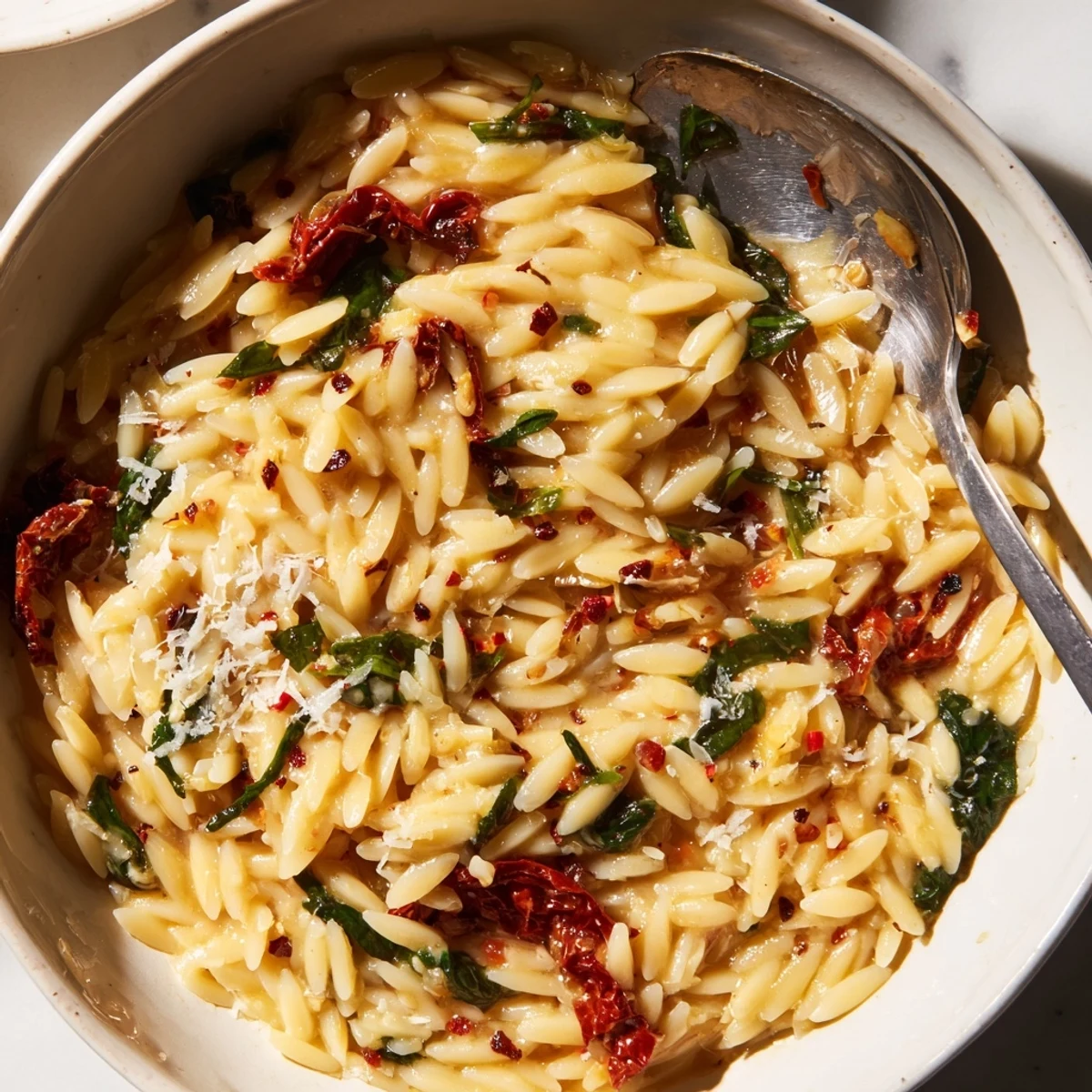 Delicious creamy Tuscan orzo bowl, featuring Parmesan and vibrant spinach for added flavor.