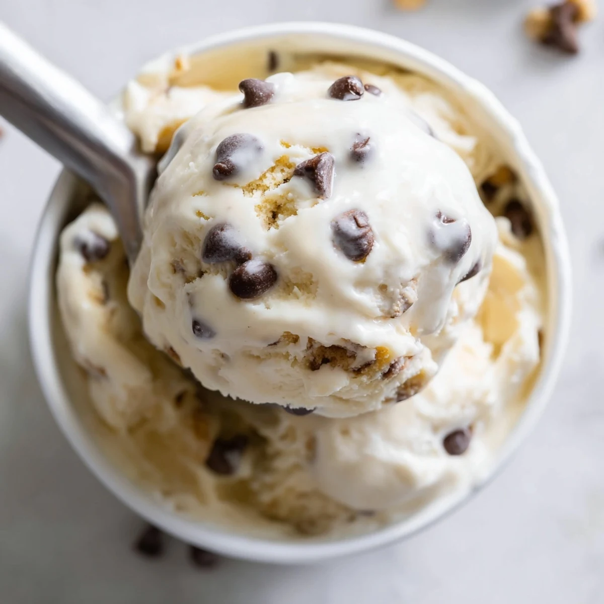 Protein-rich cottage cheese ice cream, swirled with soft cookie dough and chocolate chips.