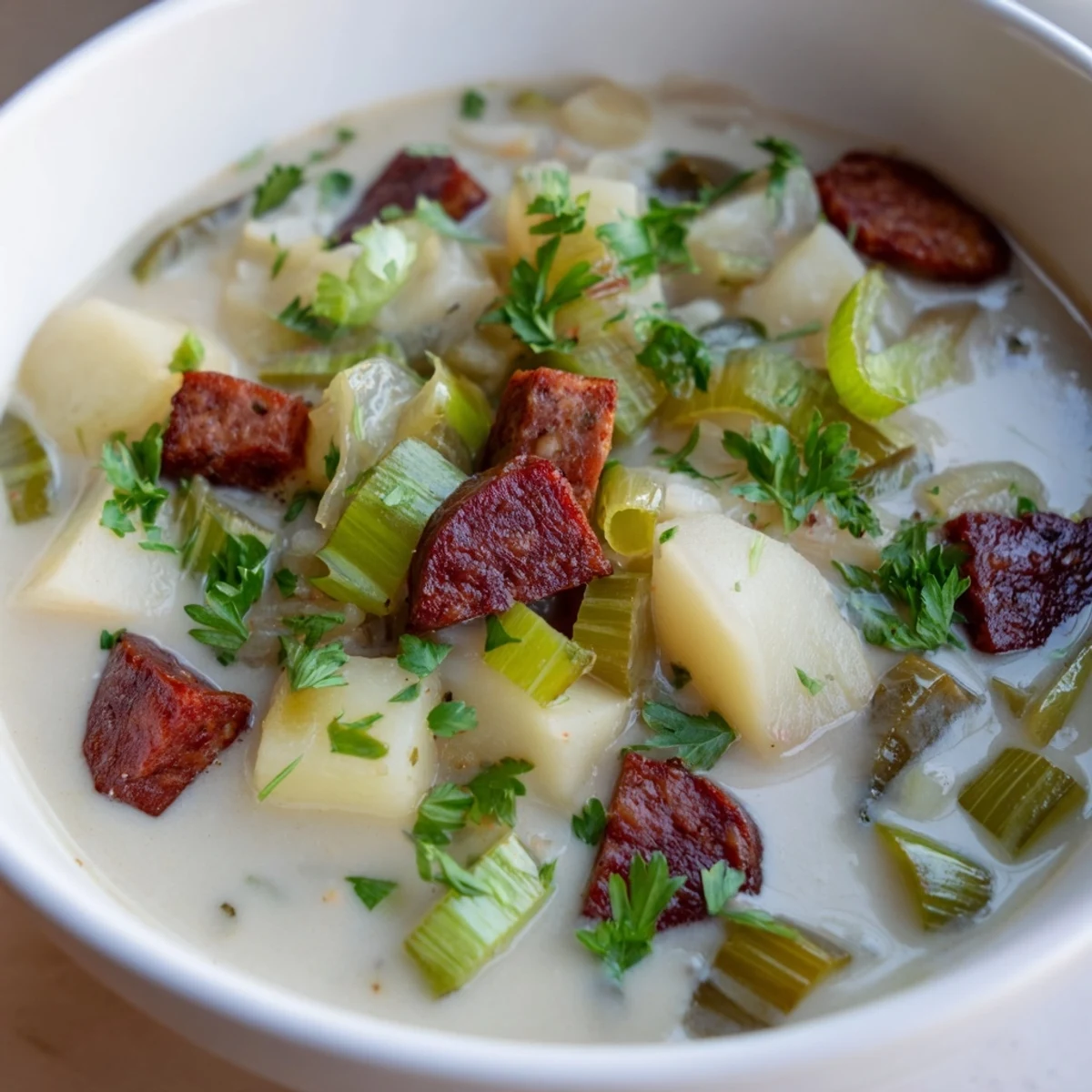Creamy Potato, Leek & Chorizo Soup with a smoky aroma, ready to be served from the pot.