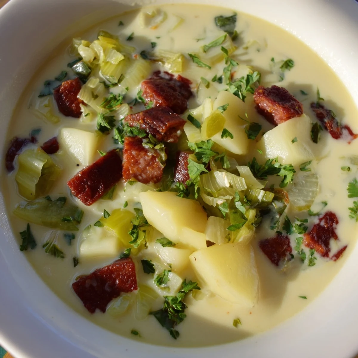 A warm bowl of Potato, Leek & Chorizo Soup, garnished with parsley and crusty bread.