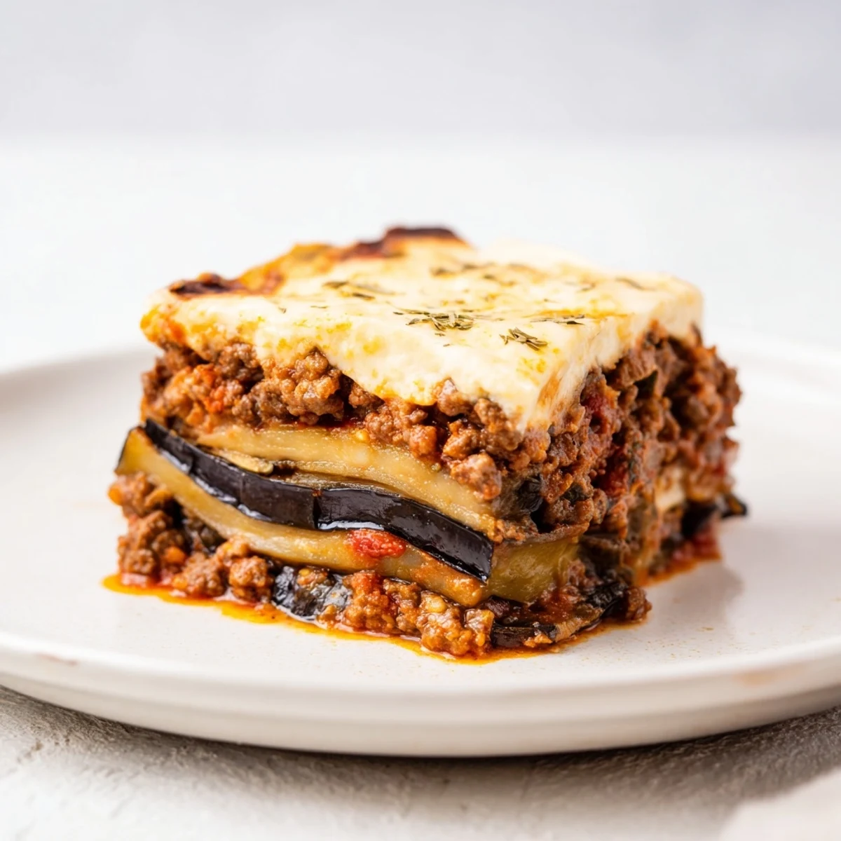 A close-up of a hearty Moussaka, showcasing tender eggplant and rich, spiced beef filling.