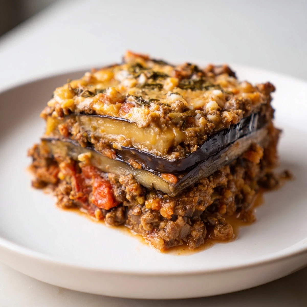 Golden, bubbly moussaka with layers of eggplant, savory beef, and creamy béchamel, fresh from the oven.