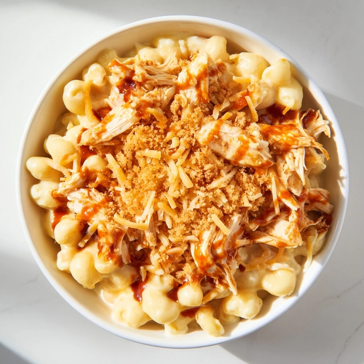 Creamy Classic Mac & Cheese with BBQ Chicken, bubbly and golden from the oven, ready to serve.