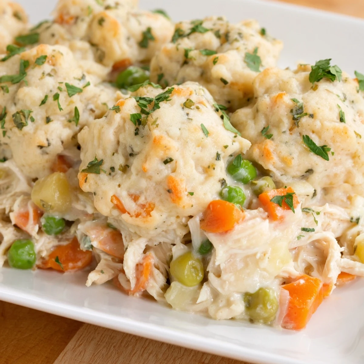 Chicken and Dumplings Casserole, bubbling hot, with golden dumplings atop a creamy chicken and veggie filling.