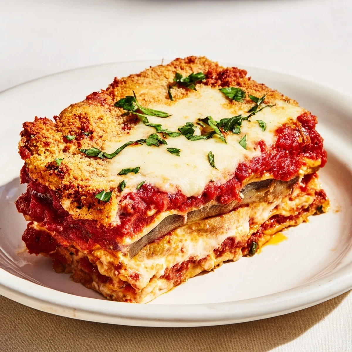 Golden, bubbly Eggplant Parmesan Lasagna with layers of tender eggplant and rich tomato sauce, ready.