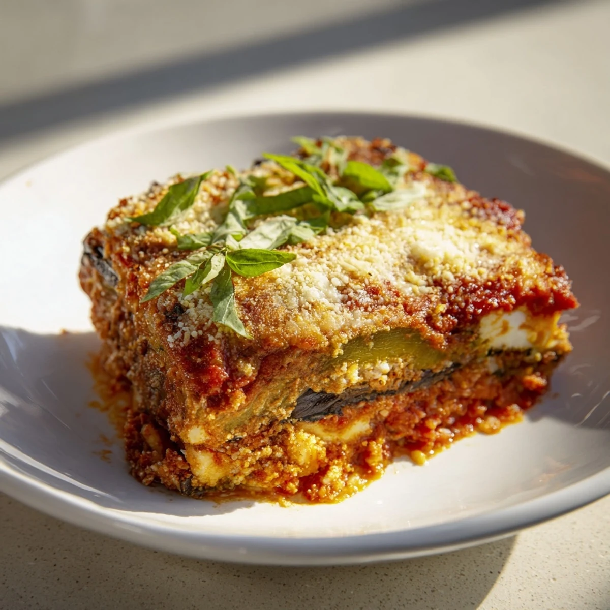 Imagine a classic, layered Eggplant Parmesan Lasagna, perfect for a cozy Italian-American dinner.