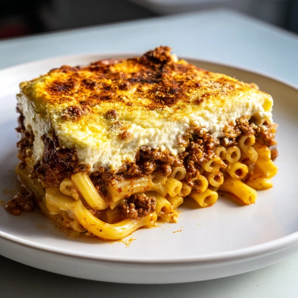 Golden-brown Greek Pastitsio, a comforting baked casserole with creamy béchamel and savory beef.