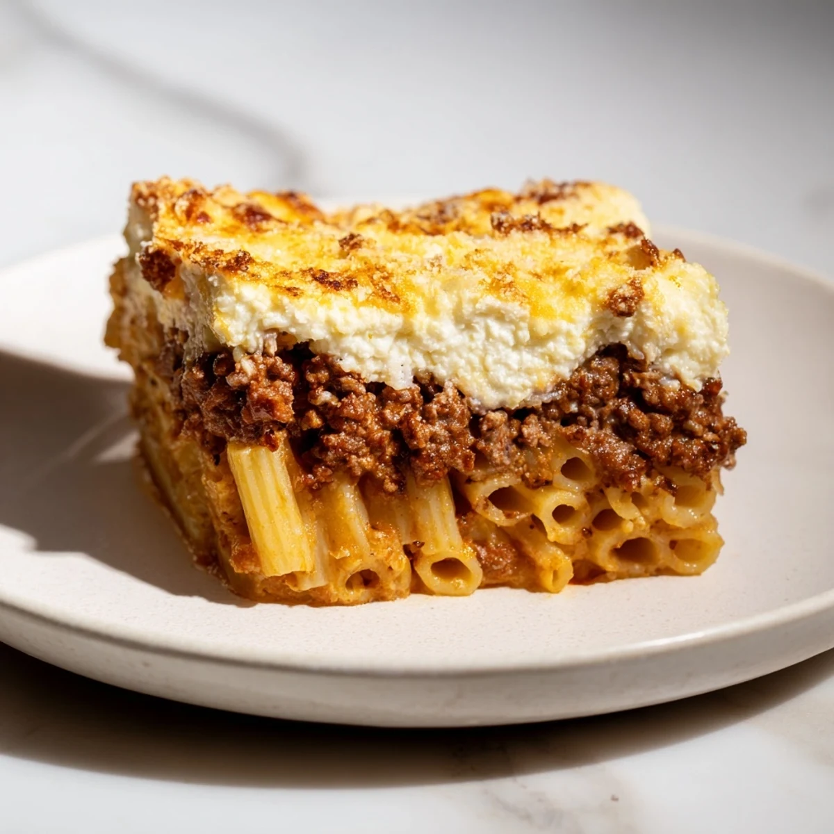 A generous slice of flavorful Pastitsio, depicting layers of pasta, meat sauce, and baked béchamel.