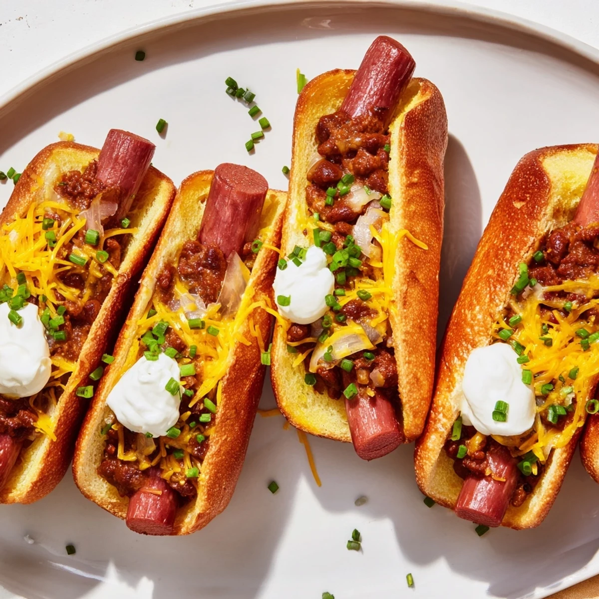 A close-up of a steaming Chili Dog Casserole, complete with melted cheese and fresh green chives.