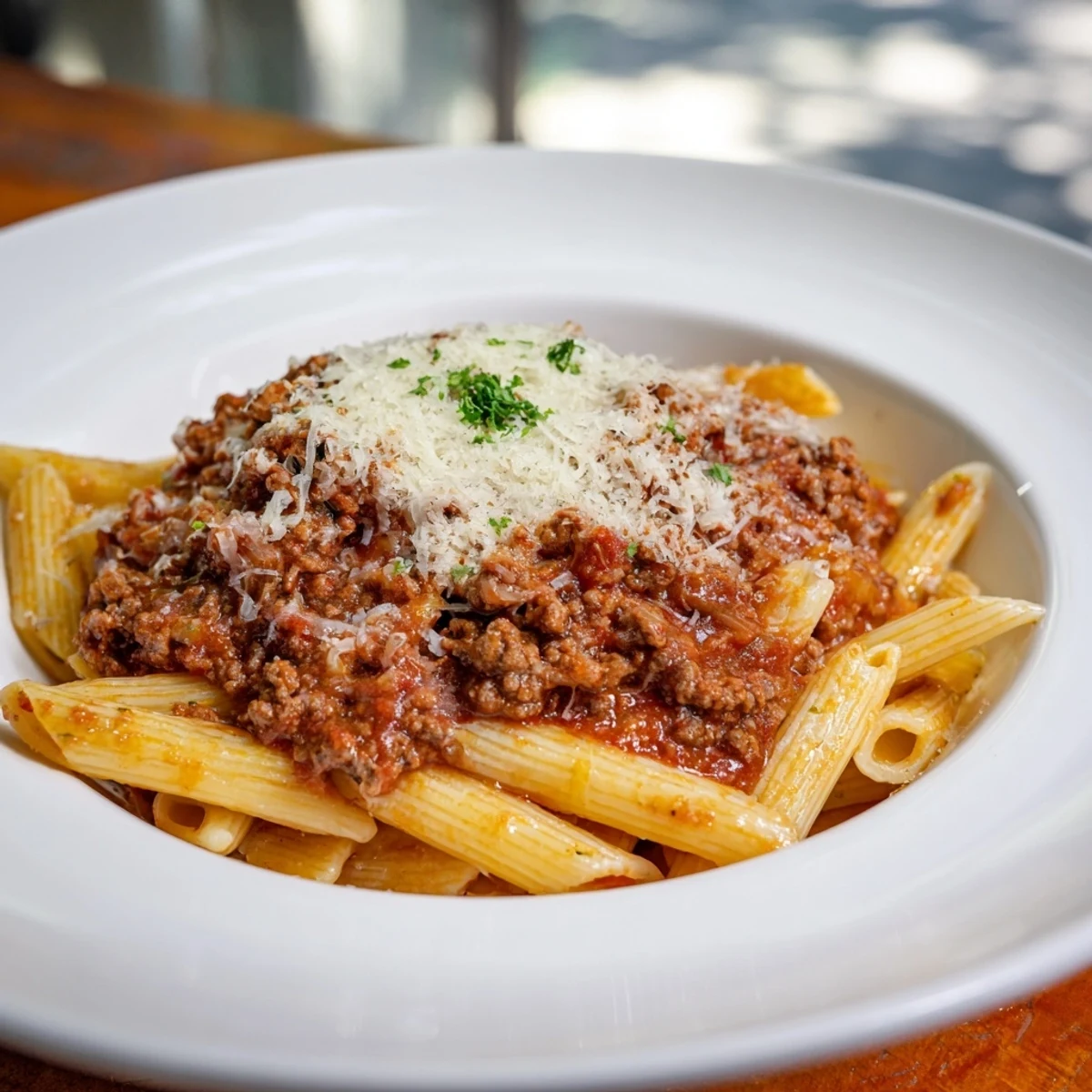 A close-up shot of Cheesy Beef & Penne Bake: steaming, cheesy goodness ready to be served hot.
