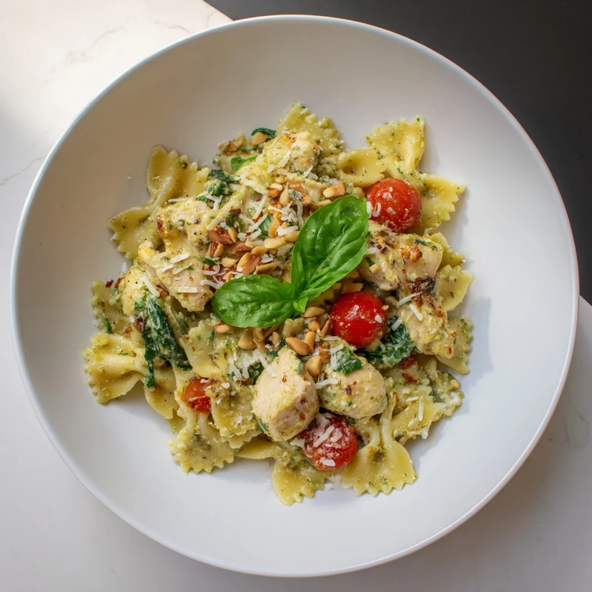 Pesto Chicken Bowtie Pasta: a creamy, vibrant dish showcasing tender chicken and perfect pasta, ready to eat.