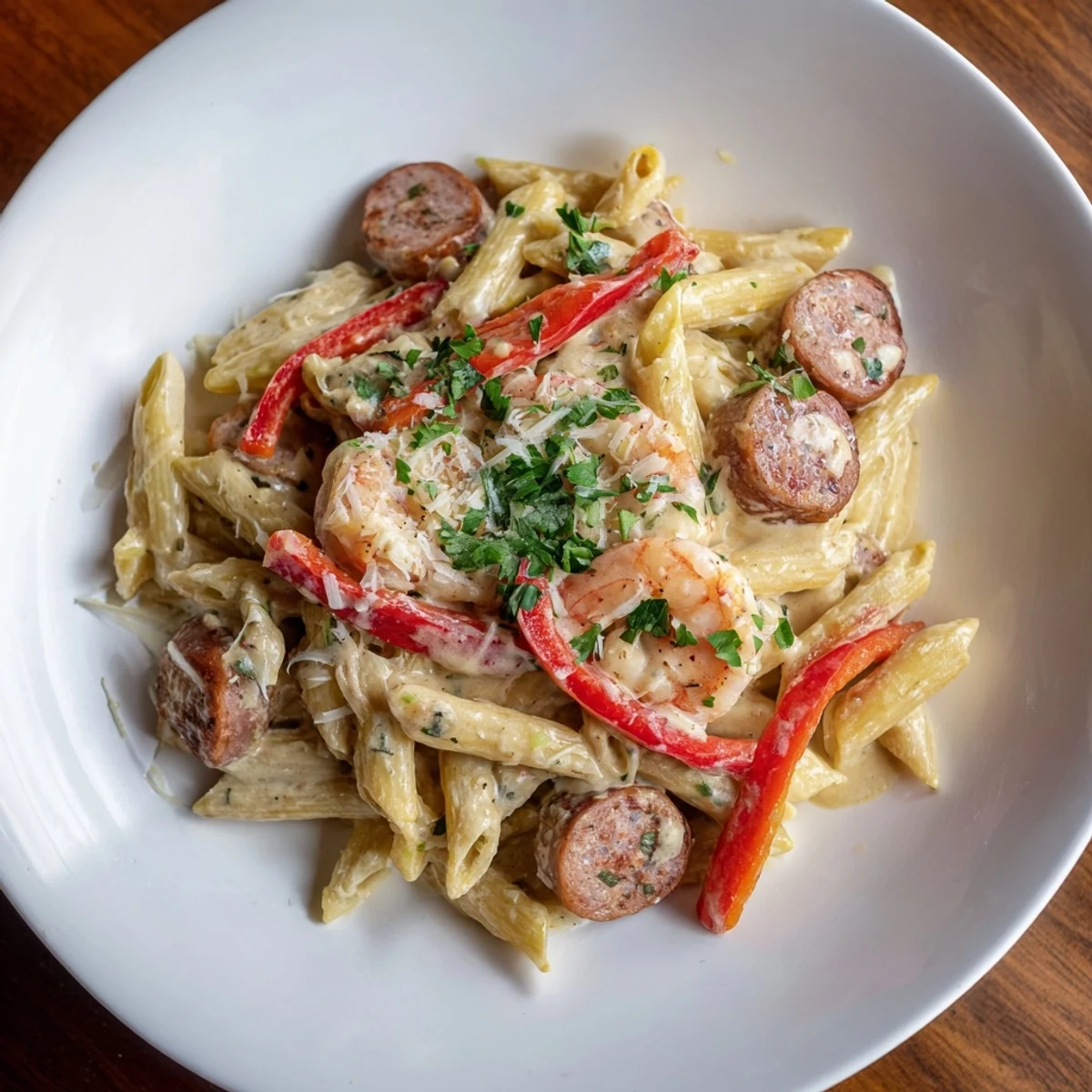 This flavorful Cajun Sausage & Shrimp Alfredo Pasta Skillet features tender shrimp and pasta, smothered in creamy Alfredo.