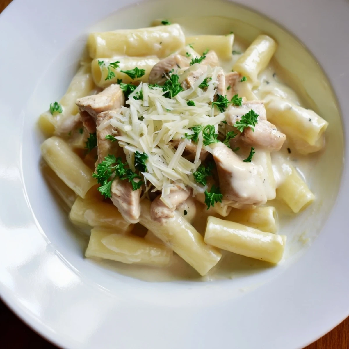 Creamy Garlic Parmesan Chicken Rigatoni with golden chicken and rich sauce, a perfect pasta supper.
