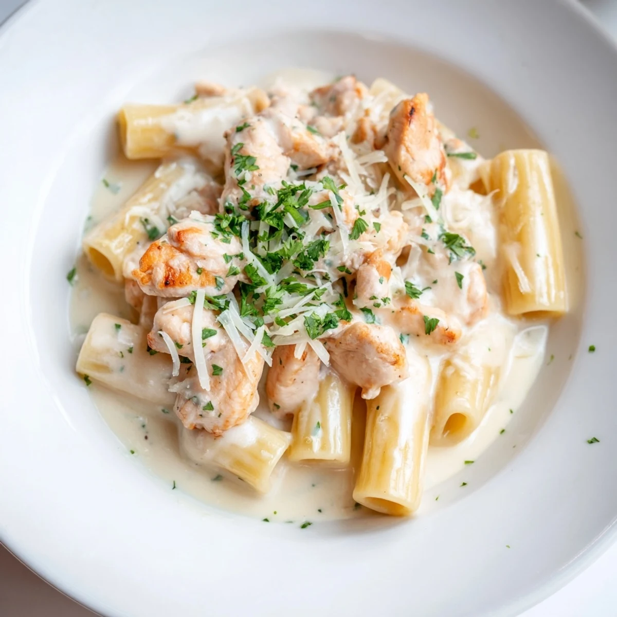 A close-up view of the delicious Creamy Garlic Parmesan Chicken Rigatoni, a comforting Italian dinner.