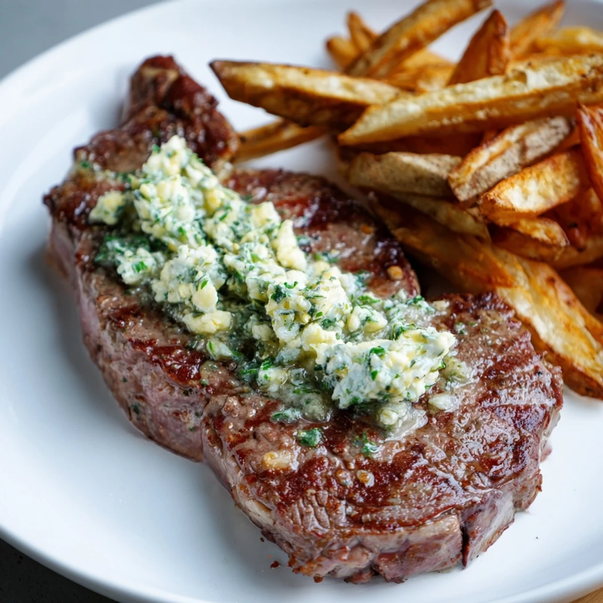 Visually stunning Steakhouse Garlic Butter Steak & Fries: seared steak with garlic butter, beside crispy fries.