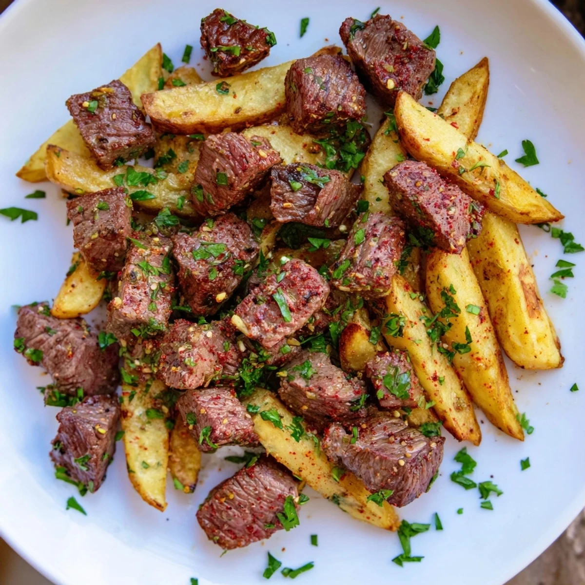 Golden, crispy fries and savory Blackened Cajun Steak Bites, a flavorful American dinner.