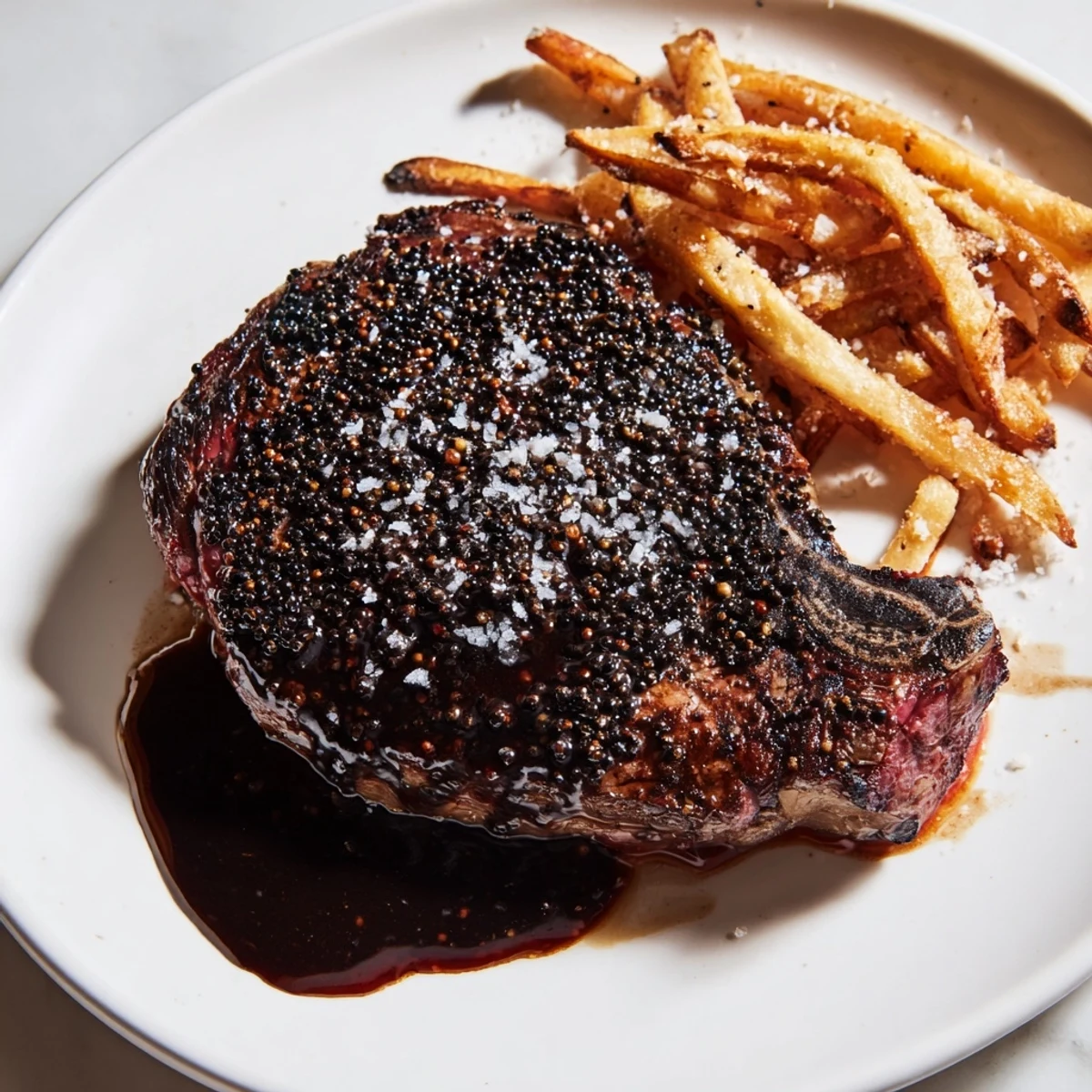 Sizzling Classic Peppercorn Ribeye, seared to perfection alongside golden, crispy fries, a delightful meal.