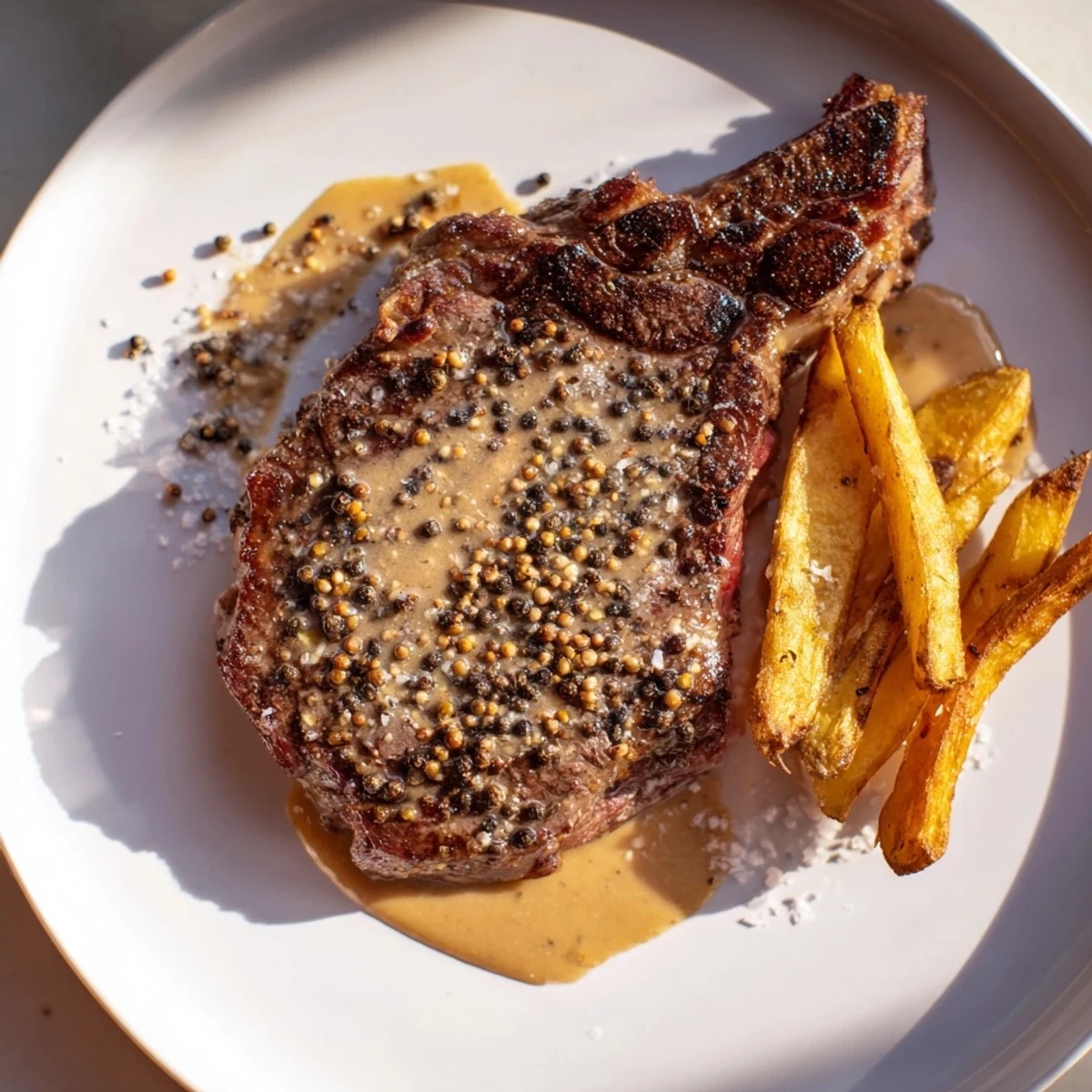 Perfectly cooked Classic Peppercorn Ribeye with a flavorful peppercorn sauce and side of perfectly fried potatoes.