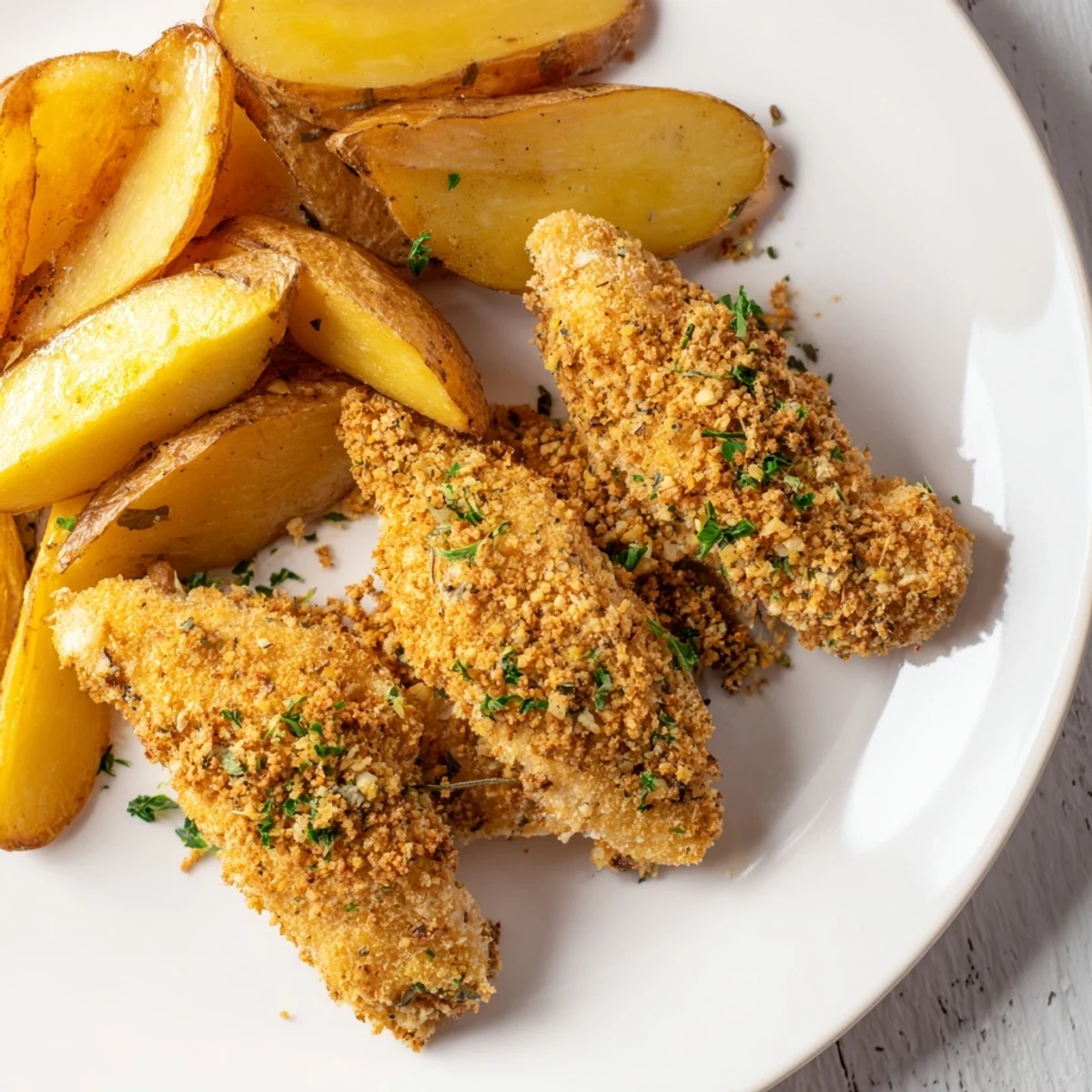 Golden herbed chicken tenders served with crispy potato wedges, a satisfying American meal.