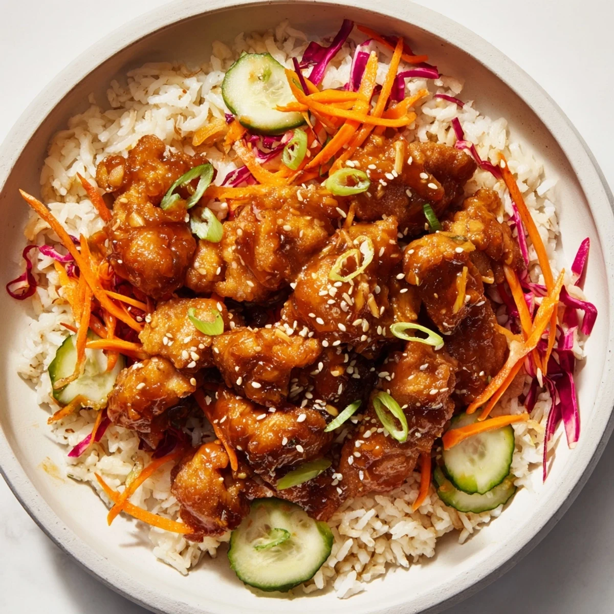 A colorful Sriracha Honey Chicken Rice Bowl: juicy chicken glistens with the spicy-sweet glaze.
