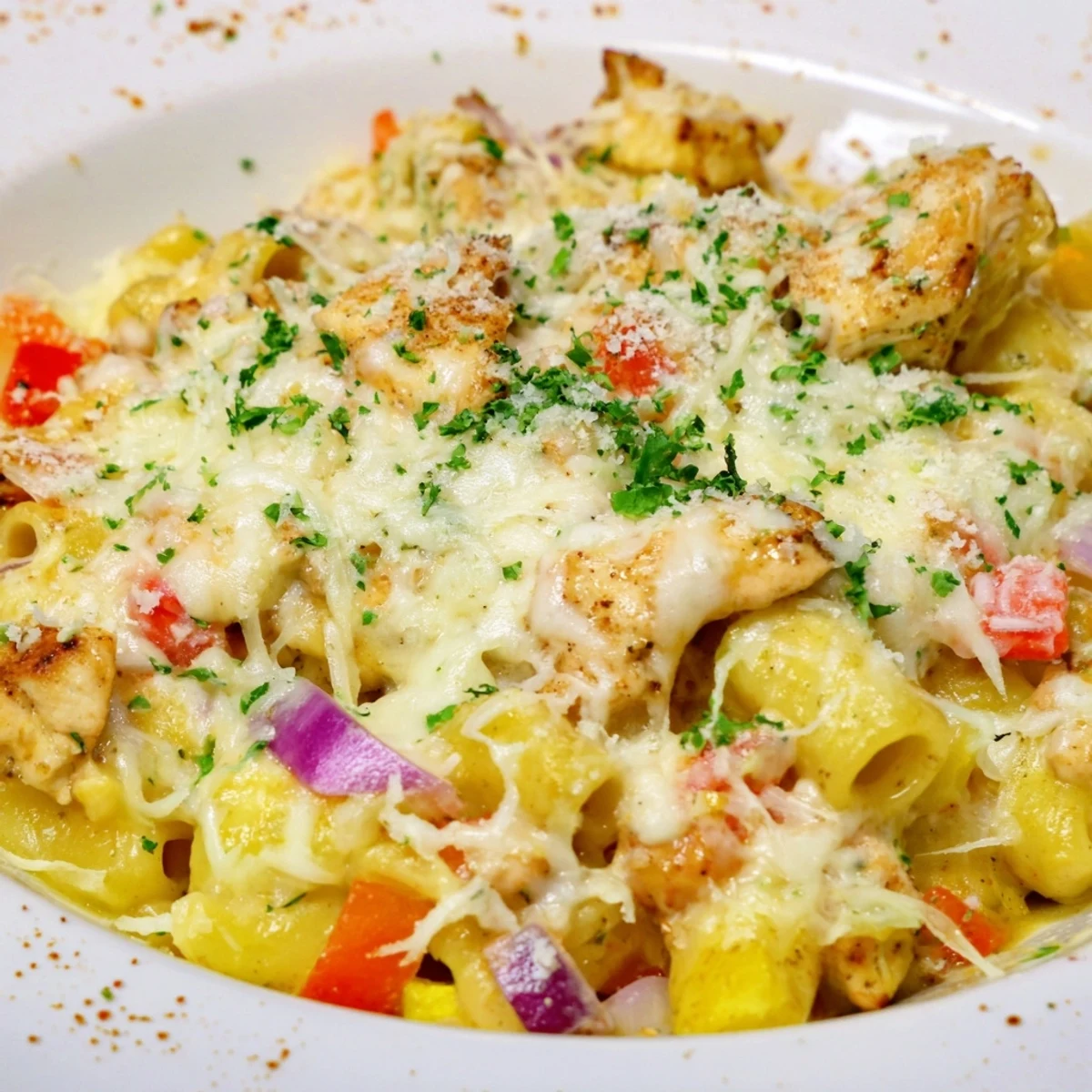 Close-up of hearty Cajun Chicken Pasta Bake, showcasing tender chicken and colorful vegetables.