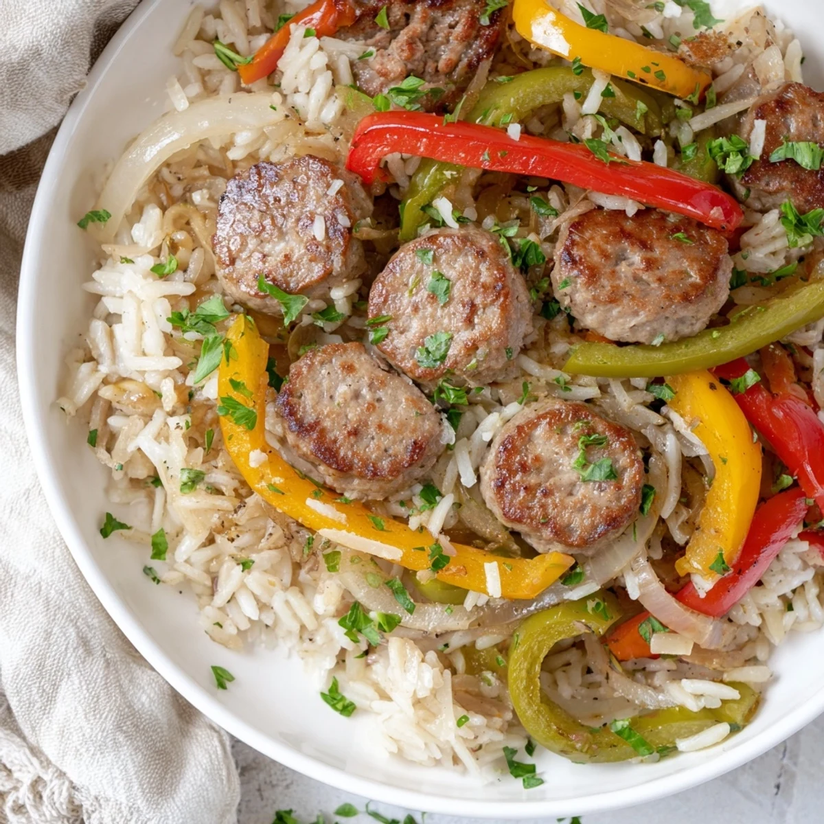 Sizzling Italian Sausage & Peppers Rice Plate, a colorful and savory one-pan meal, ready to enjoy.