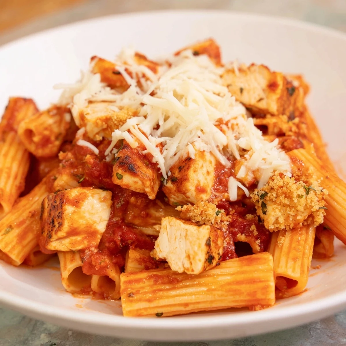 Baked Chicken Parmesan Pasta bubbling in a baking dish, golden brown with melted cheese and breadcrumbs.