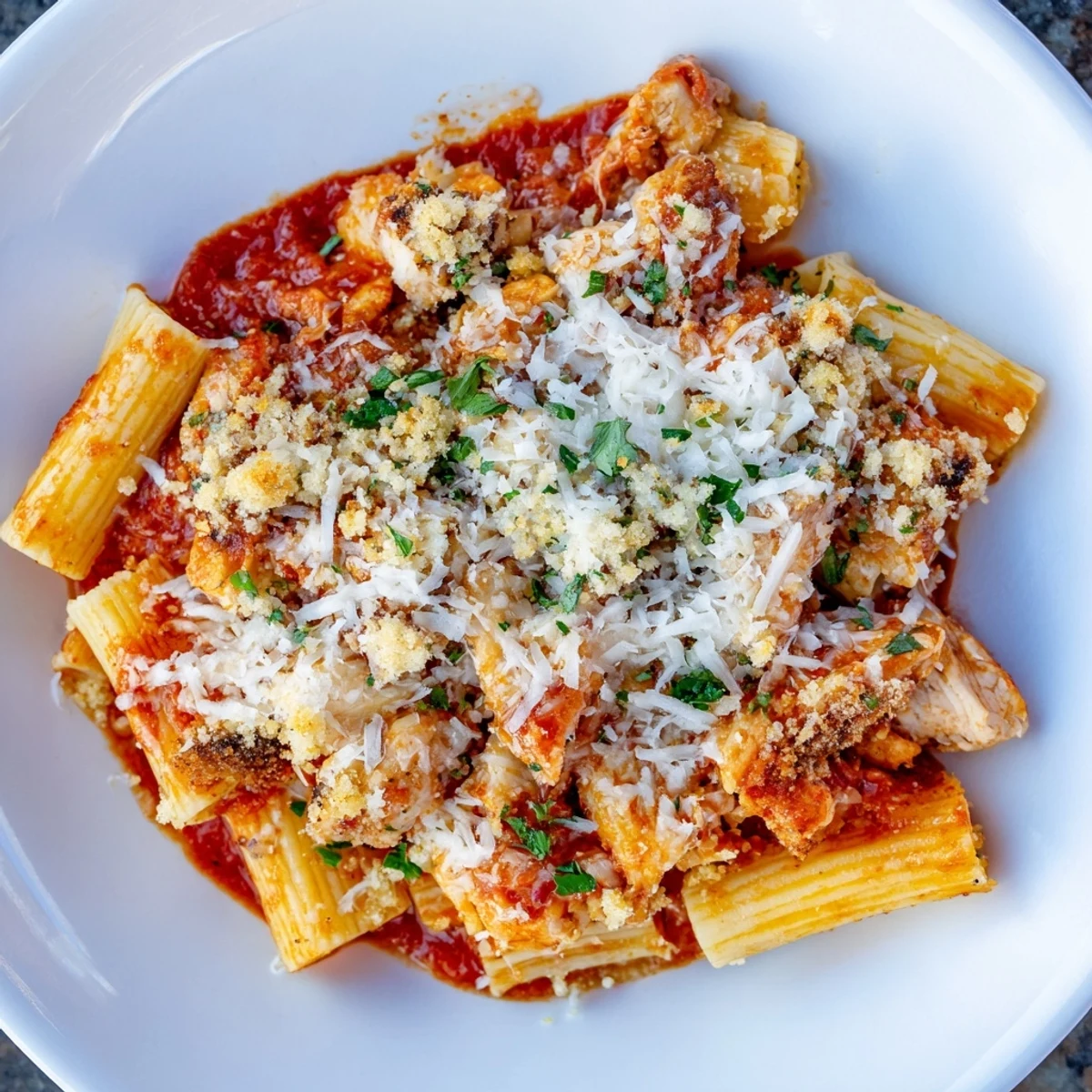 A close-up of a cheesy Baked Chicken Parmesan Pasta, with a forkful showing the tender chicken.