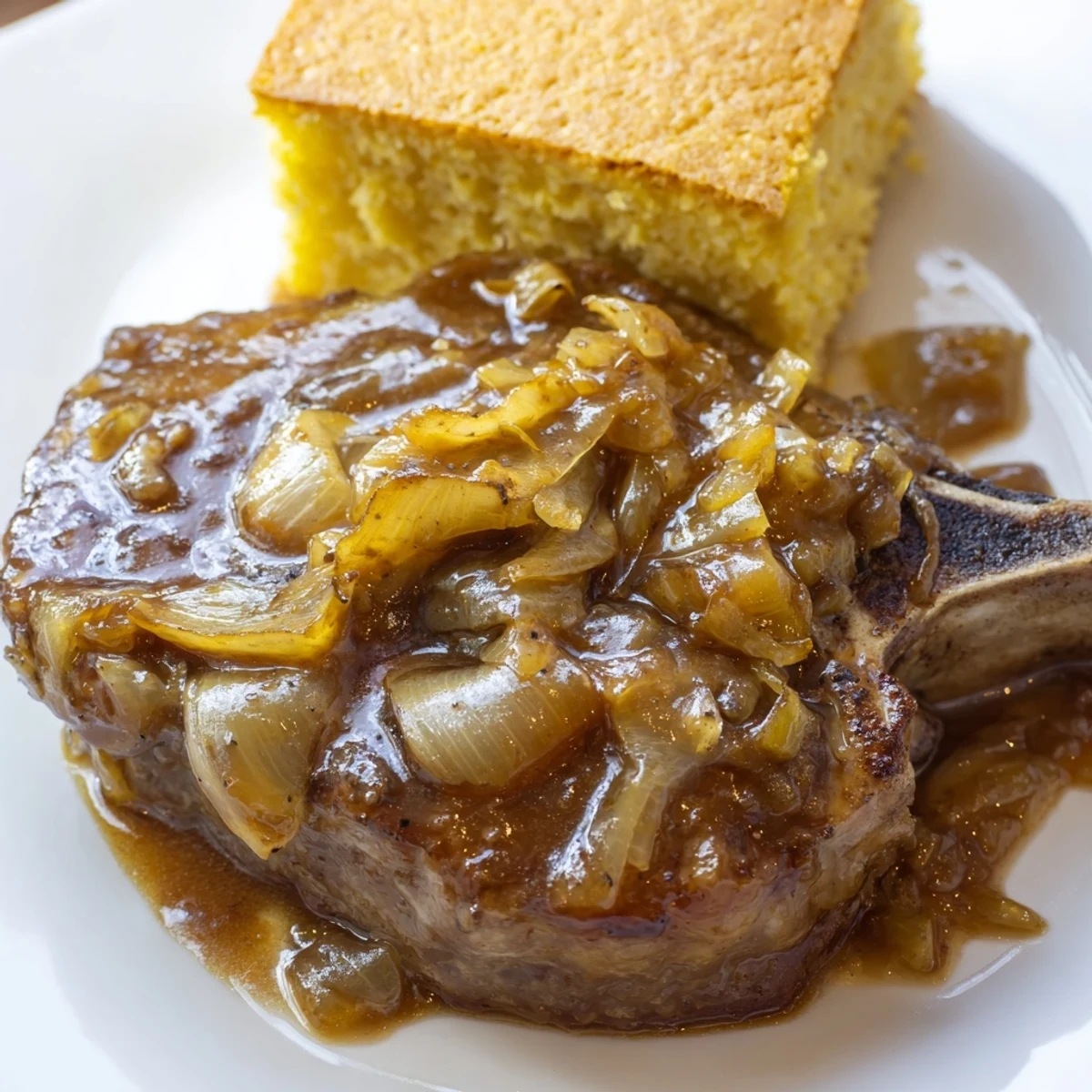 Golden-brown smothered pork chops swimming in savory gravy, served with fluffy warm cornbread.