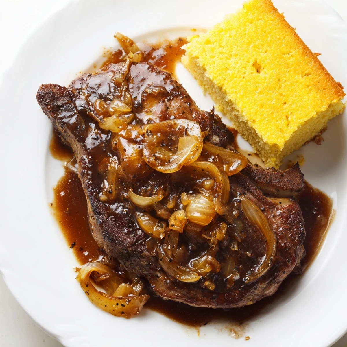 A close-up of a plate with succulent smothered pork chops and golden cornbread, a Southern comfort food.